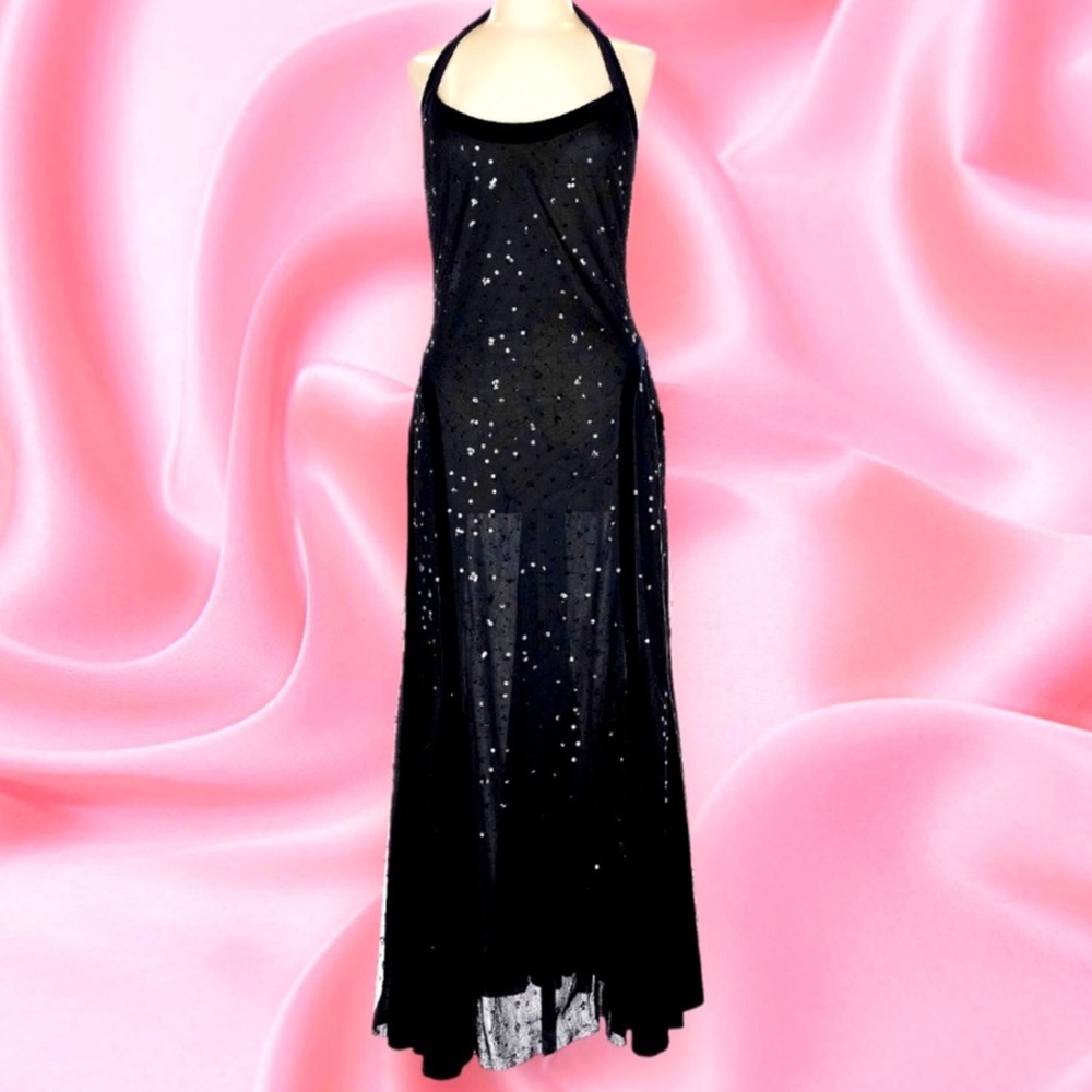Vintage Betsey Johnson Evening Black Sequin Velvet Sheet Halter Dress